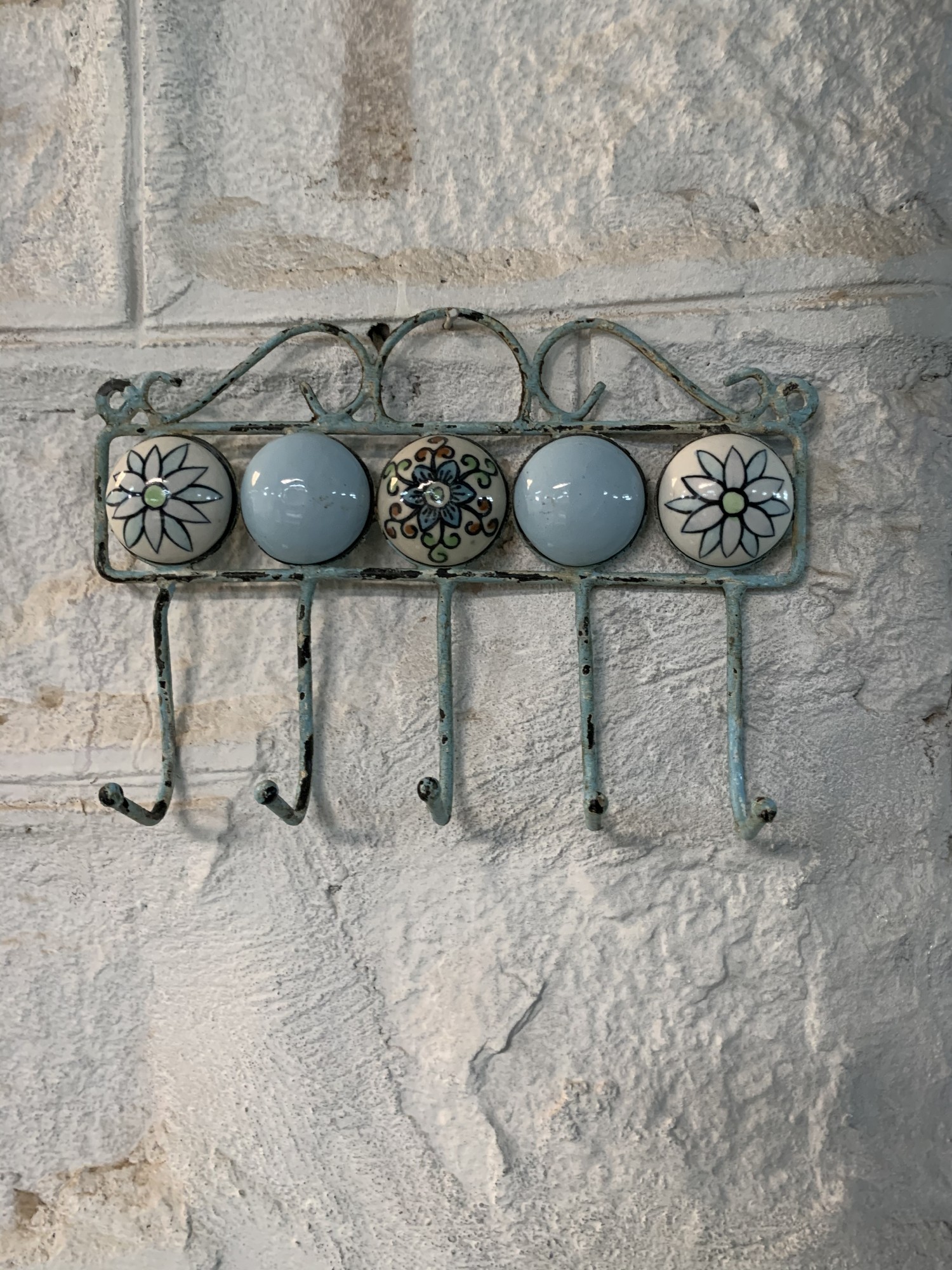 5er Wandhaken, blau, beige, T 23 cm, B 5 cm, H 16 cm von fischer's lagerhaus