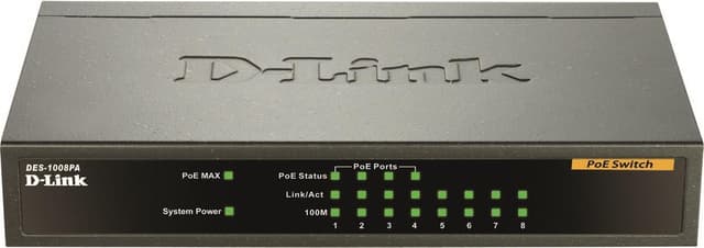 D-Link netværksswitch, 8x10/100Mbps, 4xPOE, metalkabinet, sort