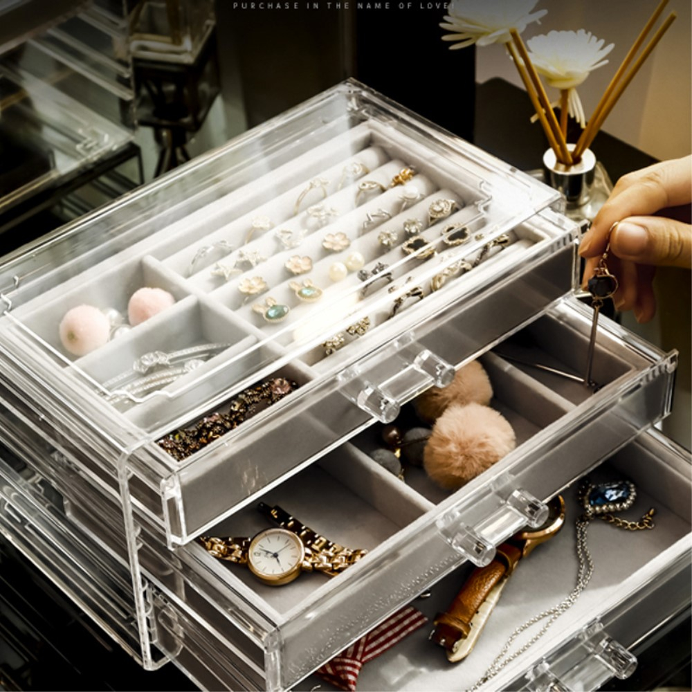 (23x13x11cm) Acryl Schmuckschatulle Aufbewahrungsbox Organizer für Ringe / Ohrringe / Armbänder - Transparent / Schwarz