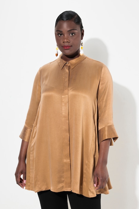 Bluse, Godetfalten, A-Linie, Hemdkragen, 3/4-Arm, Cupromix