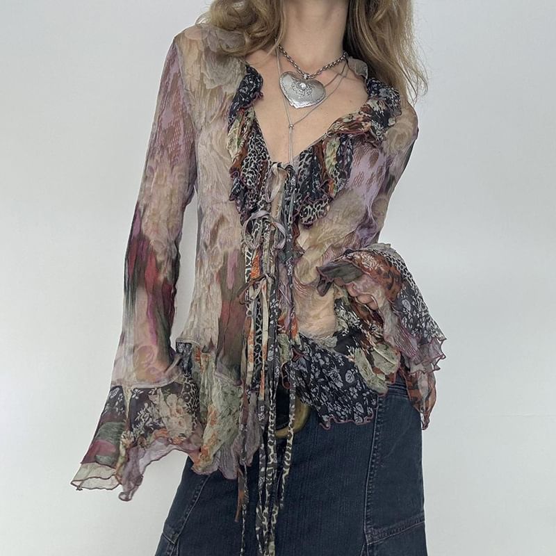Cincine - Blouse met lange mouwen, V-hals, luipaardprint, ruches en strikband aan de voorkant van mesh