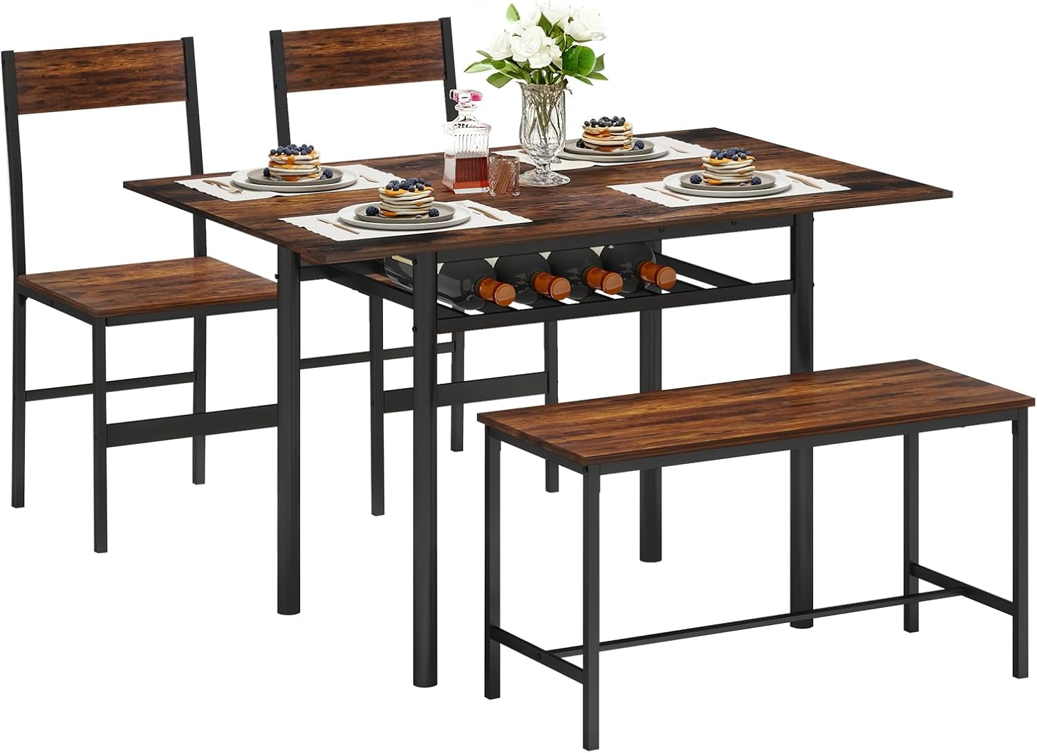 ARTETHYS Essgruppe Esstisch Ausziehbarer 60-120cm mit 2 Stühlen & Bänken, Klappbarer Küchentisch-Set mit Metallgestell Esszimmergruppe, Industrial Sitzgruppe Esszimmer, Ablagefach, Vintage Braun