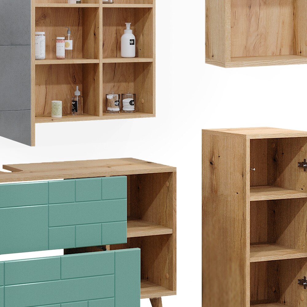 Vicco Badmöbel-Set Rudi in Eiche Evoke Mintgrün, Badezimmer, moderne Badserie Waschbeckenunterschrank Spiegelschrank Midischrank Wandregal