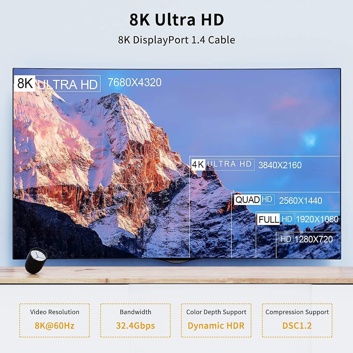 NÖRDIC 2m vinklet Displayport til Displayport-kabel ver 1.4 UHD 8K i 60Hz 32.4Gbps 10-bit HDR dobbeltskjermet