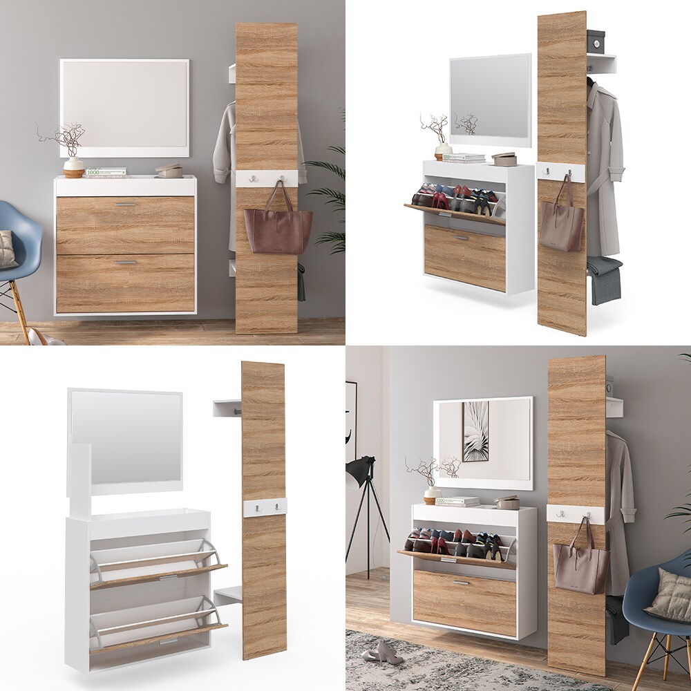 Vicco Flurgarderobe San Remo Garderoben Set Spiegel Schuhschrank Wandpaneel Flur Weiß Sonoma