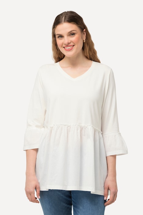 T-Shirt, Volantsaum, A-Linie, V-Ausschnitt, 3/4-Arm