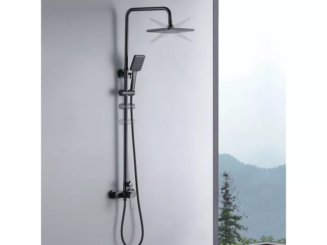 Colonne de Douche Noir 2 Fonctions Ensemble de Douche en Laiton avec Douchette de tête rectangle, Haute Réglable 90-120 cm