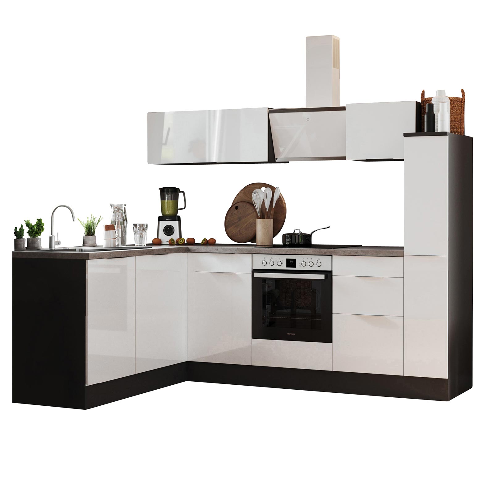 RESPEKTA Winkelküche - weiß Hochglanz - grau matt - mit E-Geräten - 250x175 cm