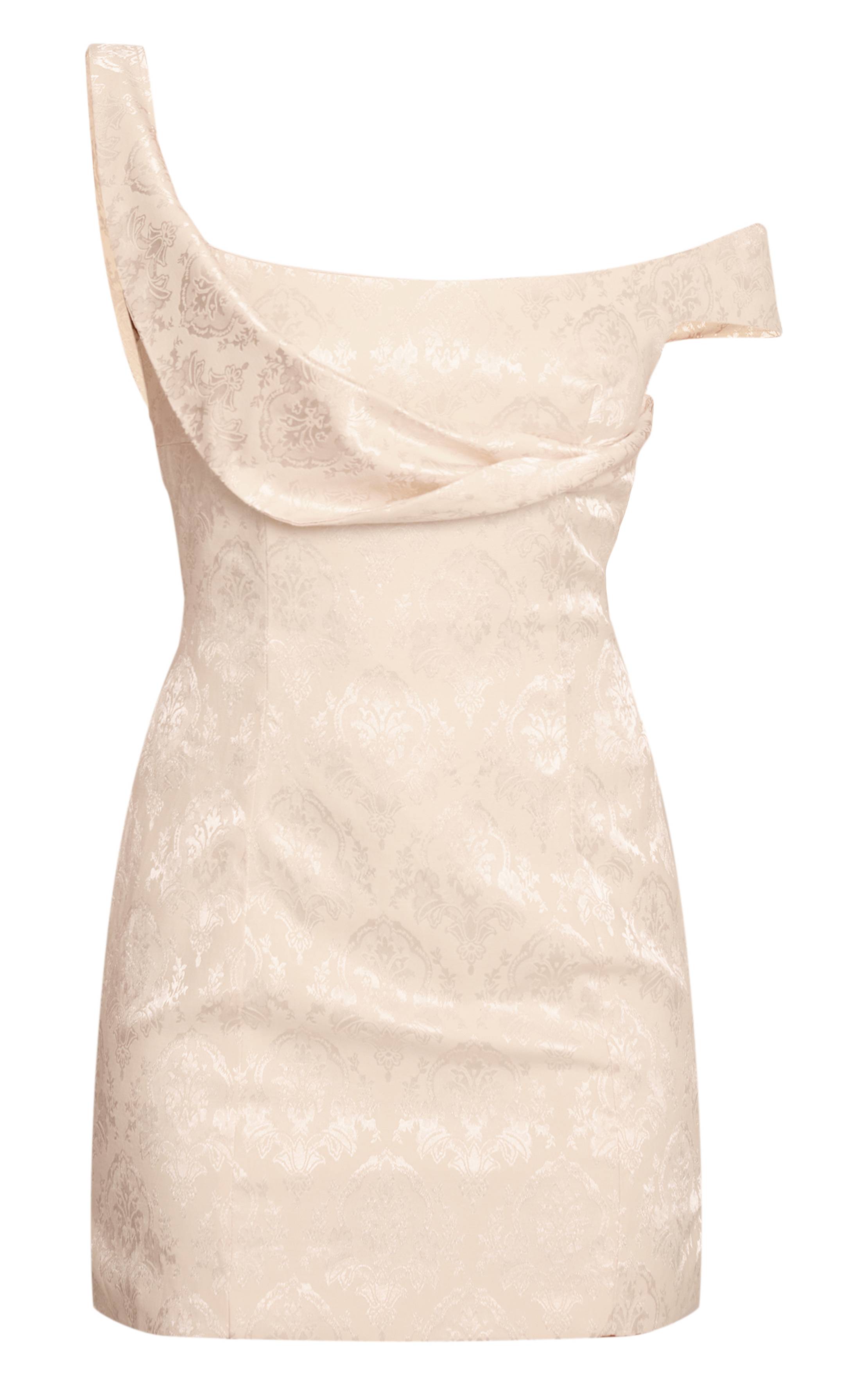 Crème Robe Mini Drapée En Jacquard Brodé
