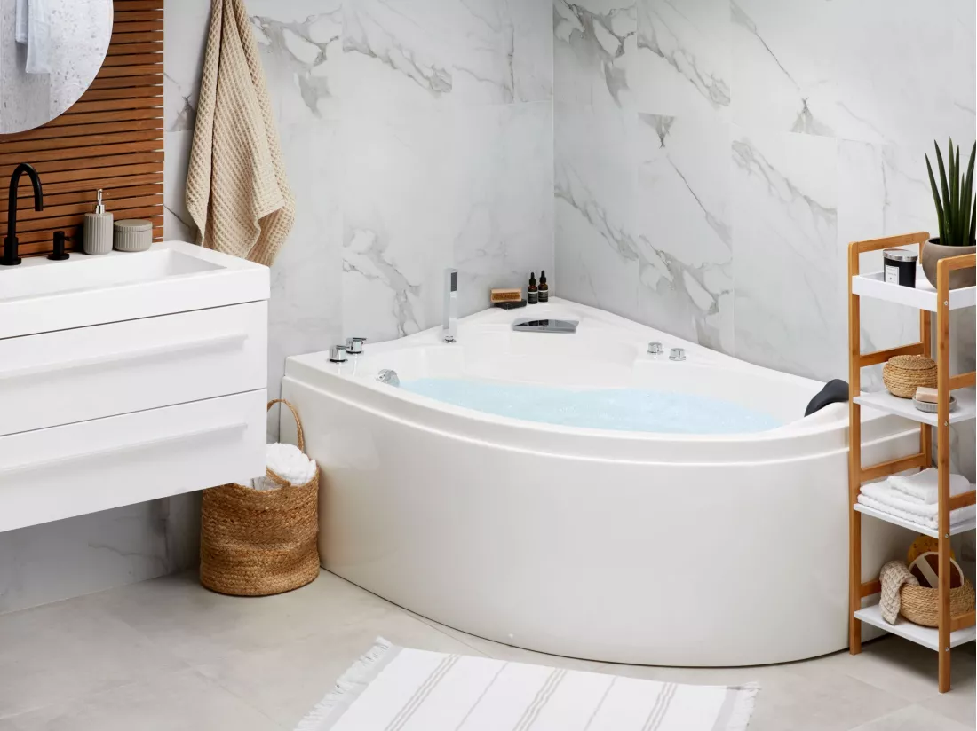Baignoire balnéo angle à gauche avec LED blanche 150 x 100 cm NEIVA