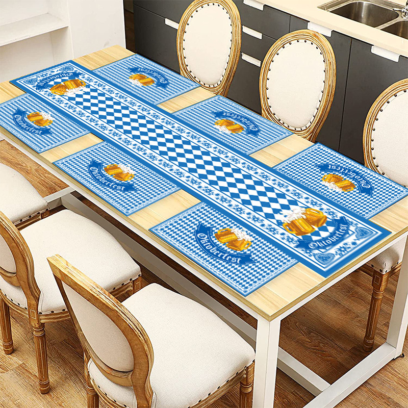 (5-tlg. Set) Oktoberfest Tischläufer   Tischsets Bayrische Teller Untersetzer Motto Party Dekoration - Blau / Weiss