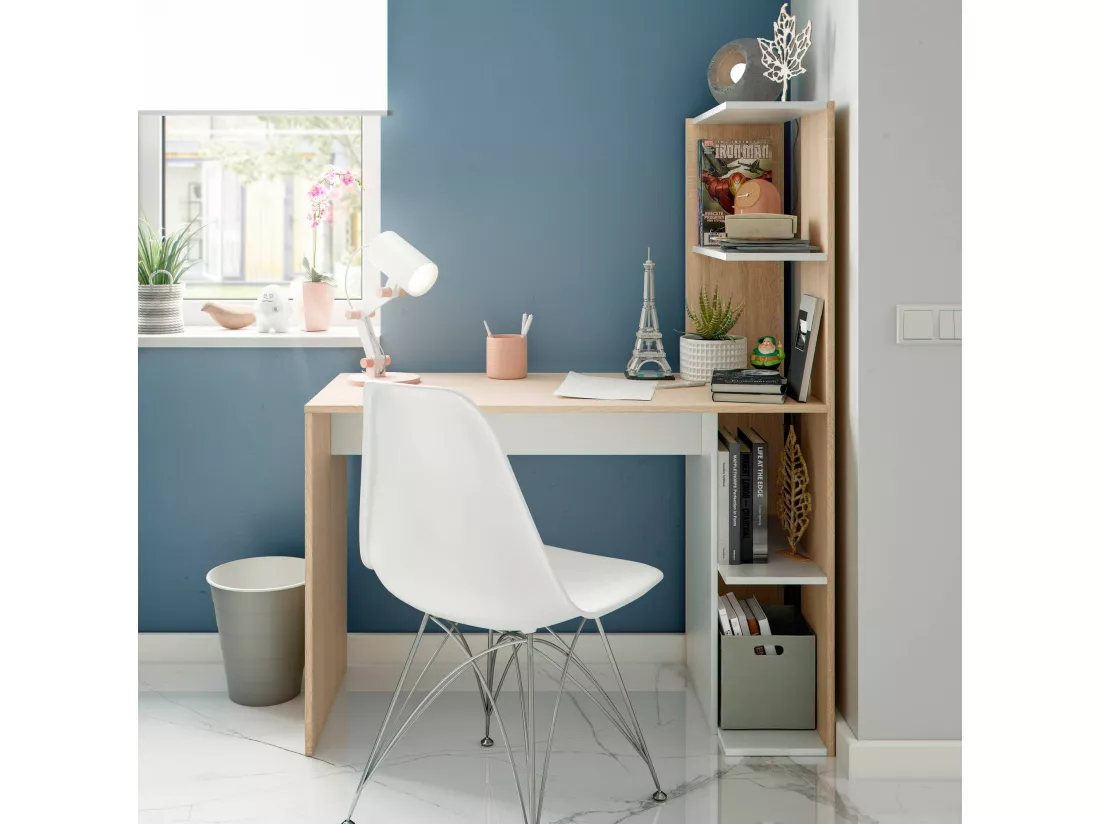 Dlup Desk, Bureau linéaire avec bibliothèque, Table de bureau polyvalente peu encombrante, 110x52h136 cm, Blanc et Chêne
