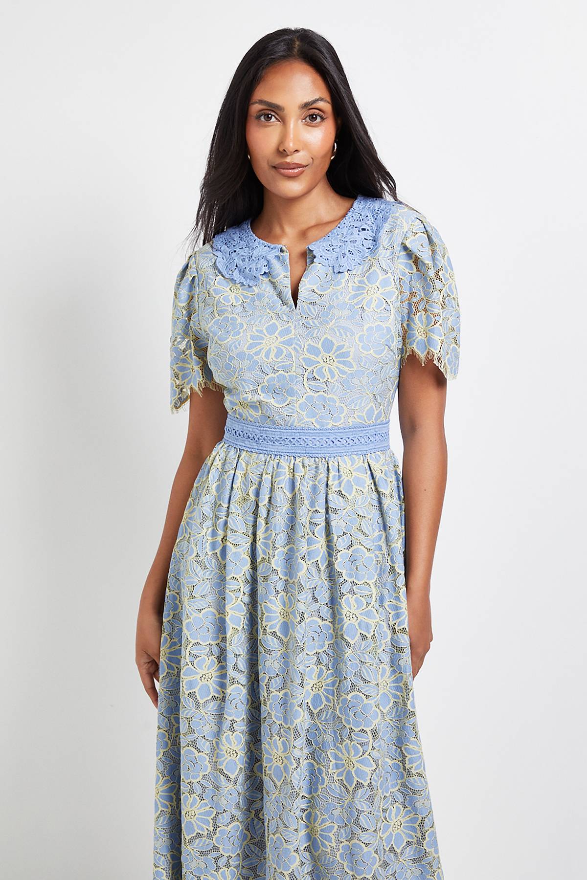 Wallis Robe Midi Boutonnée à Col en Dentelle Petite Taille
