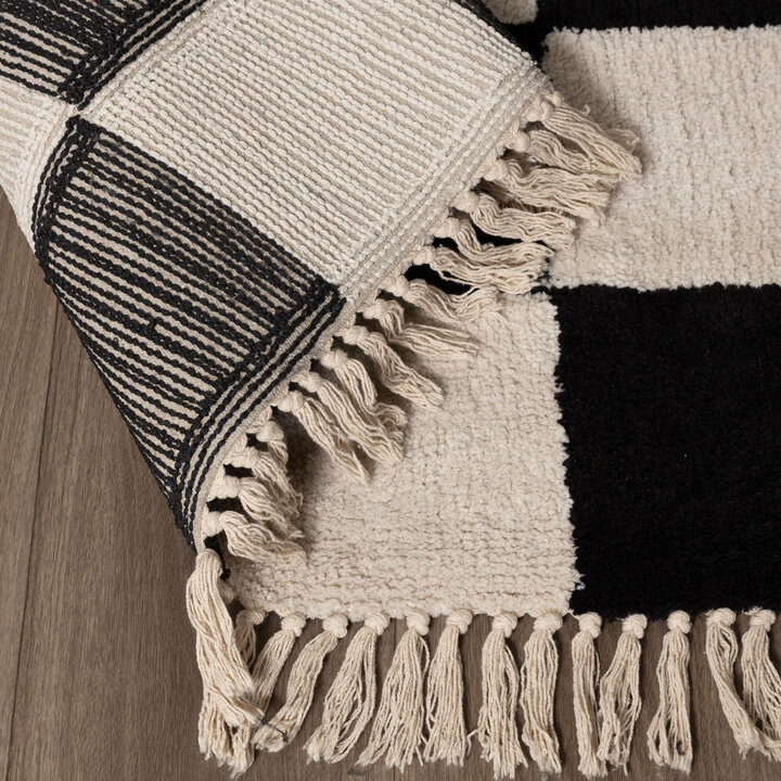 Checkerboard vloerkleed - Blox Fringe Zwart/Wit