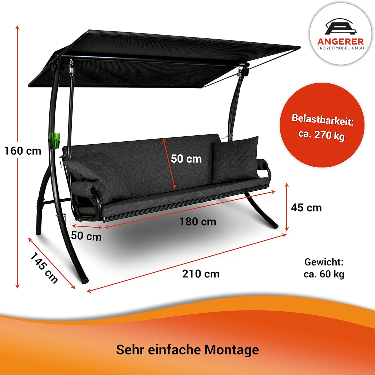 Angerer Hollywoodschaukel Elegance Joy – Schaukel zum Sitzen, Liegen & Entspannen, inkl. Bett-Funktion, einfache Montage, Made in Germany, hochwertiger Stoff, Dunkelgrau