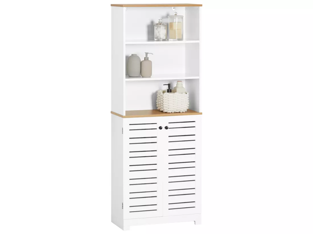 Meuble Colonne De Salle De Bain Armoire Haute Avec 3 Etagères Et 2 Portes Persiennes, BZr44-w