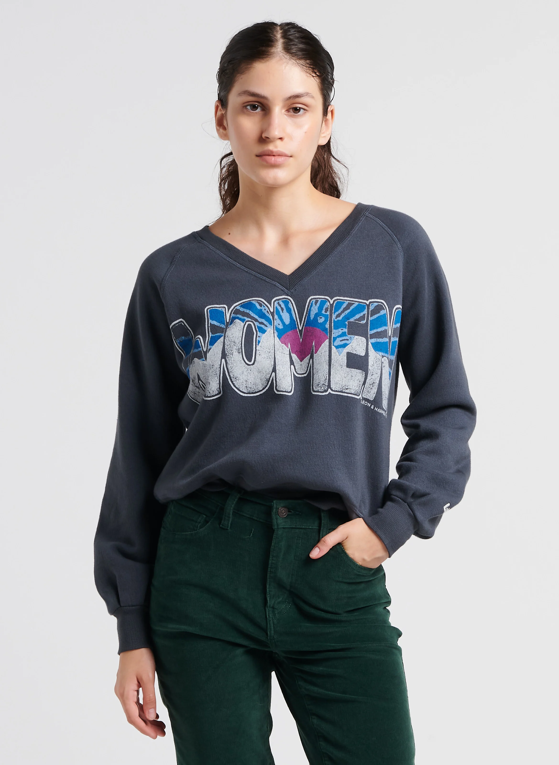 SHIVA - Sweat ample col V sérigraphié en coton mélangé | Noir