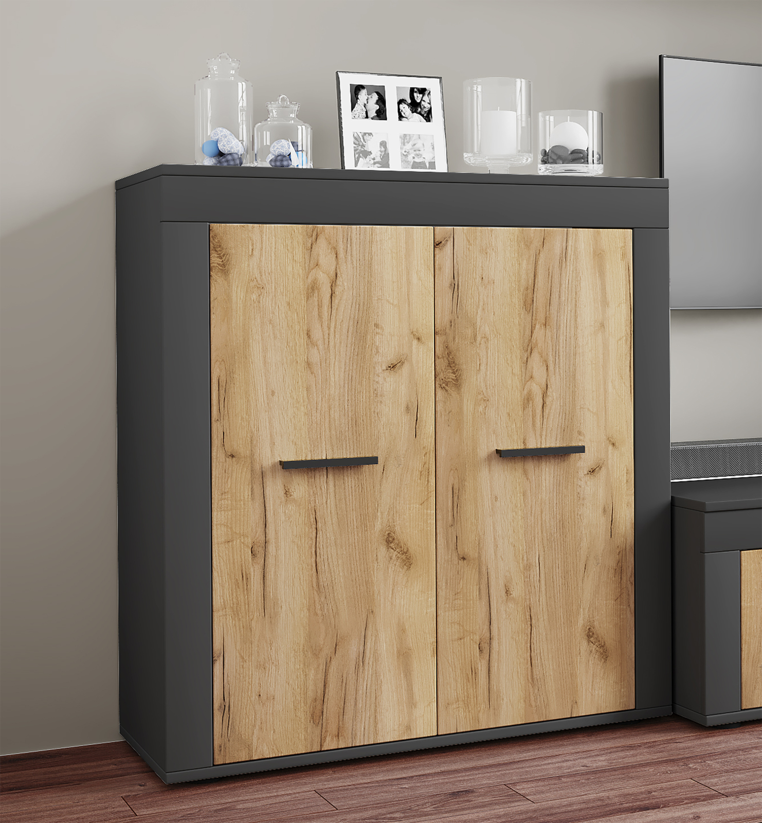 Kommode USILO - Honig Eiche - anthrazit - 80 cm breit