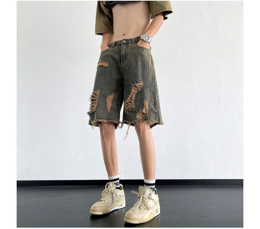Whyessa - Gewassen, versleten denim shorts met wijde pijpen