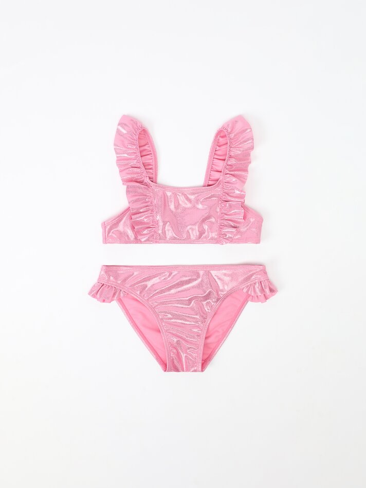 Conjunto de biquíni de duas peças brilhante com babados e elástico de cabelo - Rosa Pastel