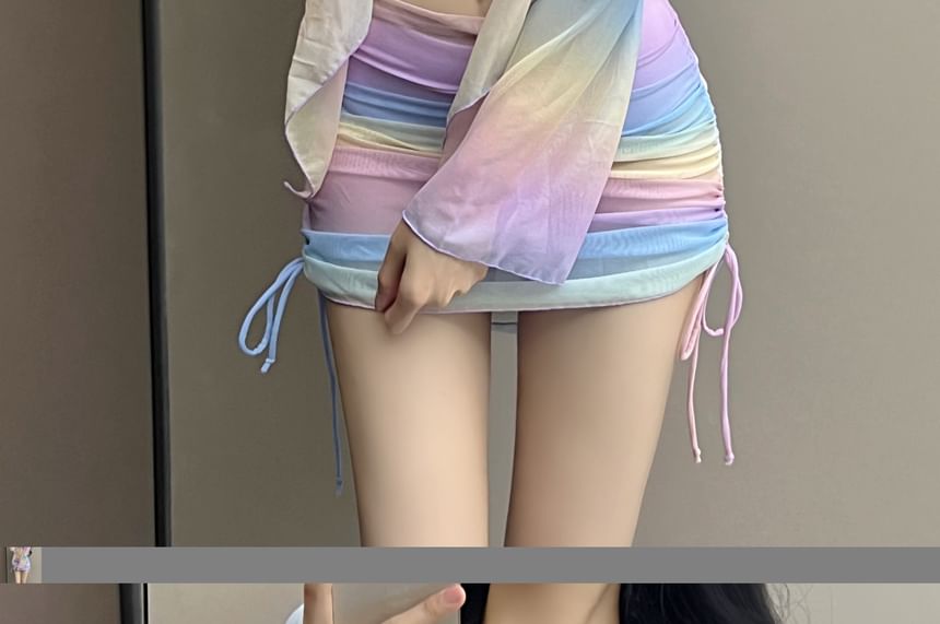Sancus - Set: halternek effen bikinitop + broekje + top met kleurverloop + rok met trekkoord
