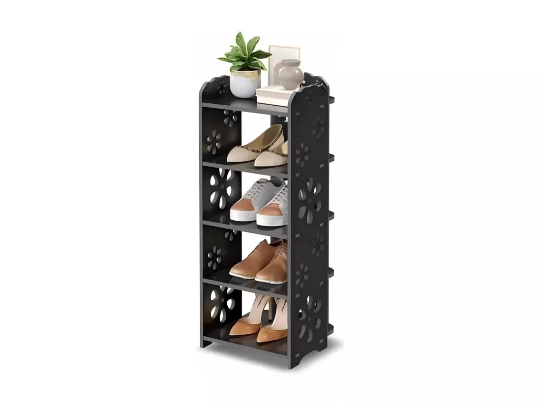 Meuble à Chaussures 5 Niveaux en Bois Plastique,Étagère de Rangement à Chaussures,Motif découpé,Déco 26x25x66CM,Noir