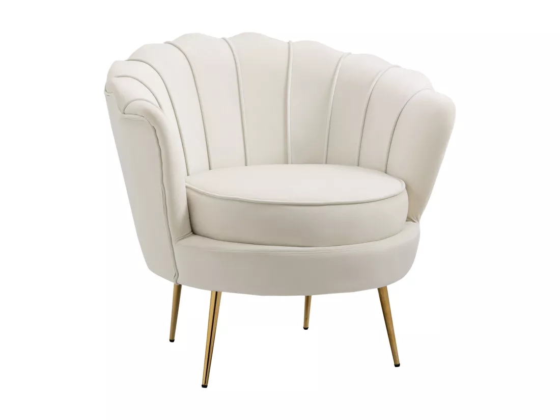 Fauteuil coquillage fauteuil design dim. 79L x 77l x 77H cm pieds dorés effilés velours blanc laiteux