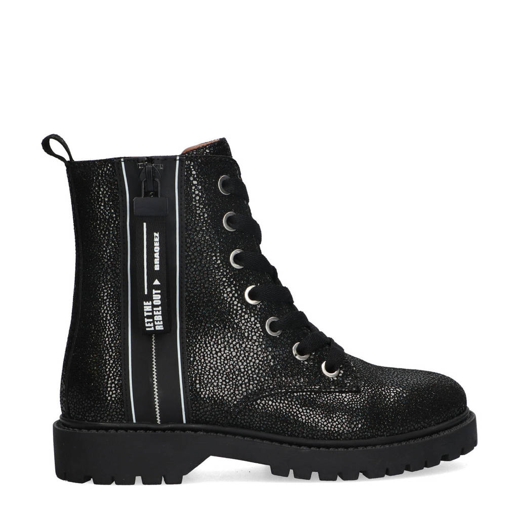 Braqeez leren veterboots zwart multi