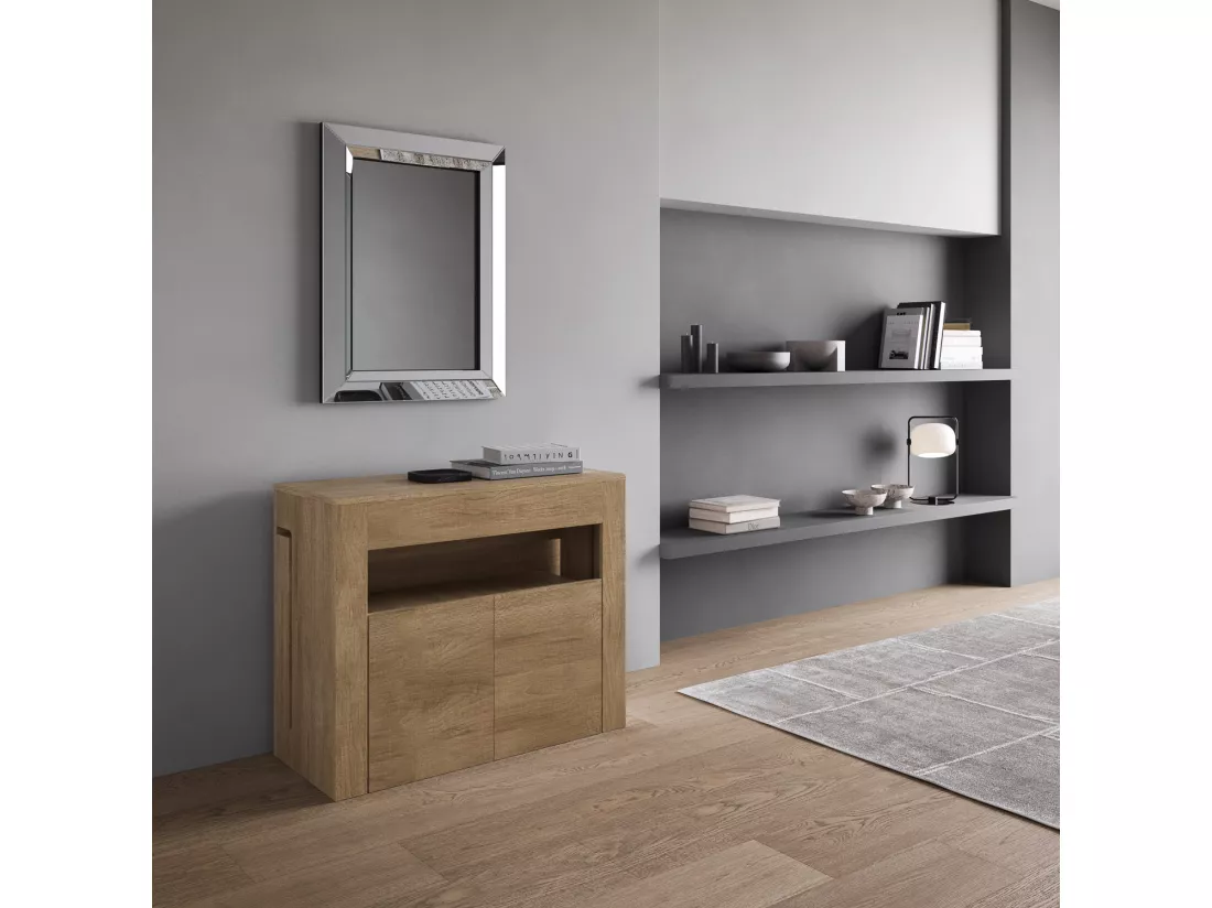 Console extensible 90x42/302 cm Evolve Chêne Nature rallonges internes avec banc inférieur
