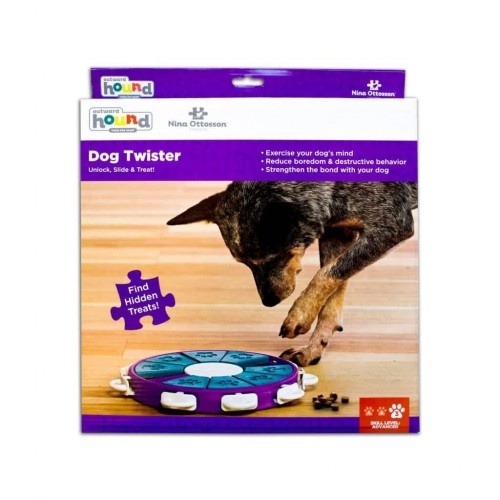 Brinquedo interativo para cães, roxo e azul.