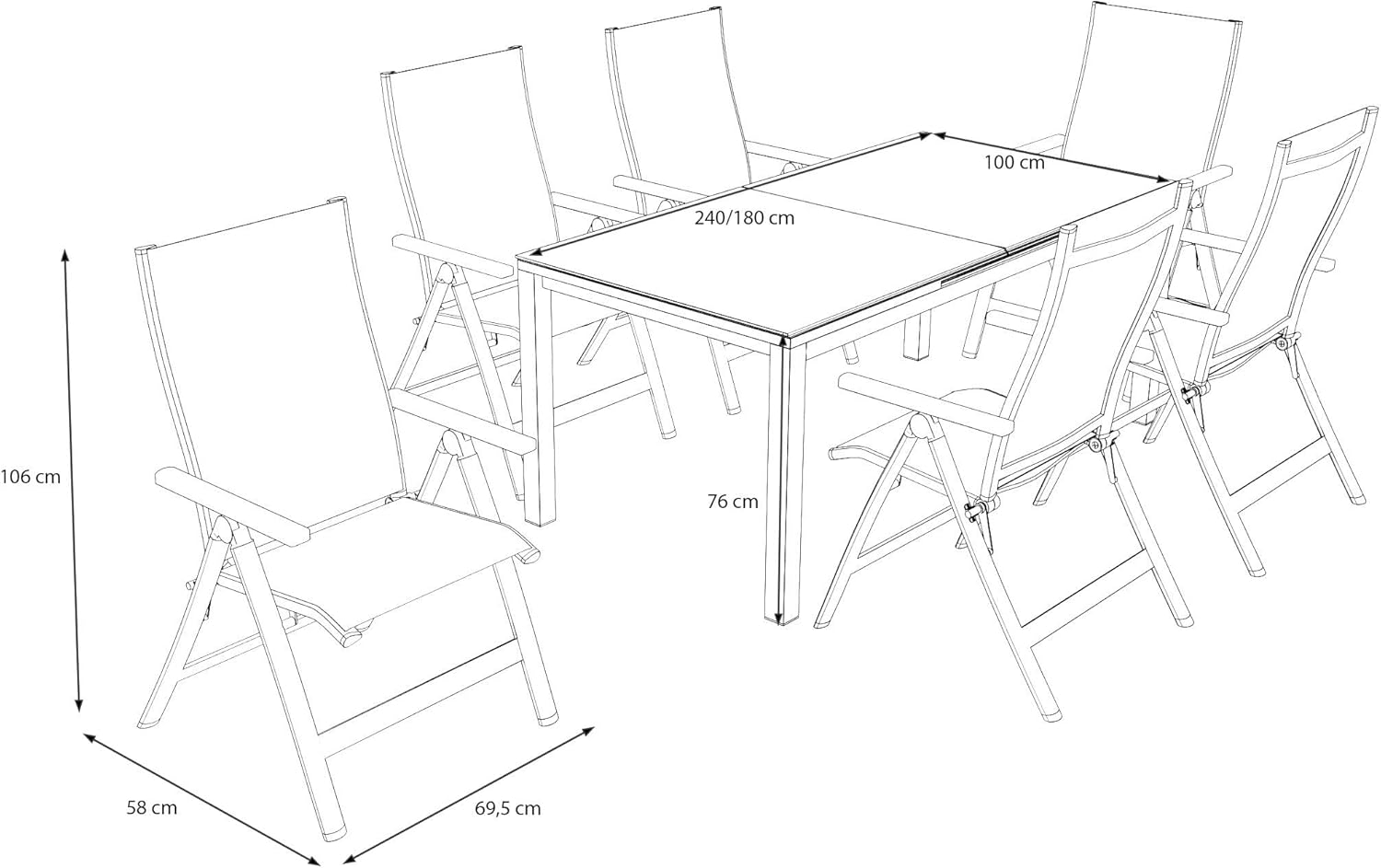 OUTFLEXX Esstischgarnitur, Silber/grau, Alu/Textilene, Ausziehtisch 180/240x100cm, 6 Multipositionssessel