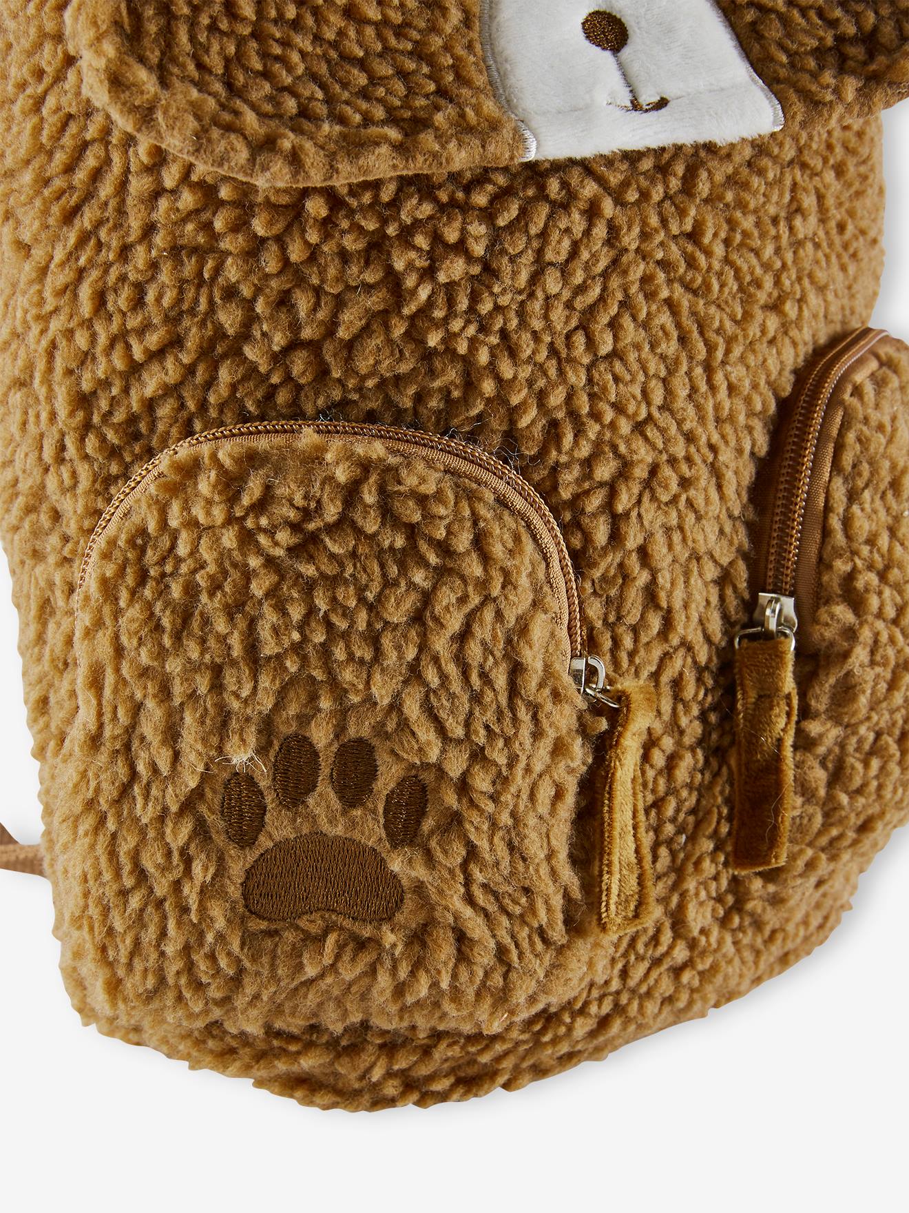 Mochila marrom média lisa com estampa de urso.