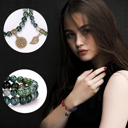 (2er Set) 225-240mm Naturstein Armband Edelstein Armkettchen mit Anhänger - Moosachat