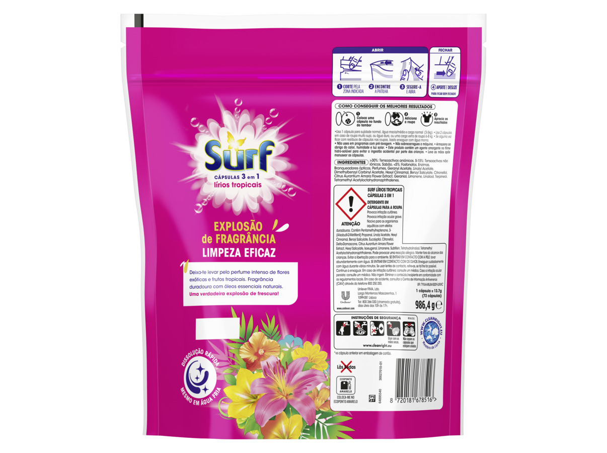 DETERGENTE ROUPA MÁQUINA CÁPSULAS SURF TRIO TROPICAL 72D