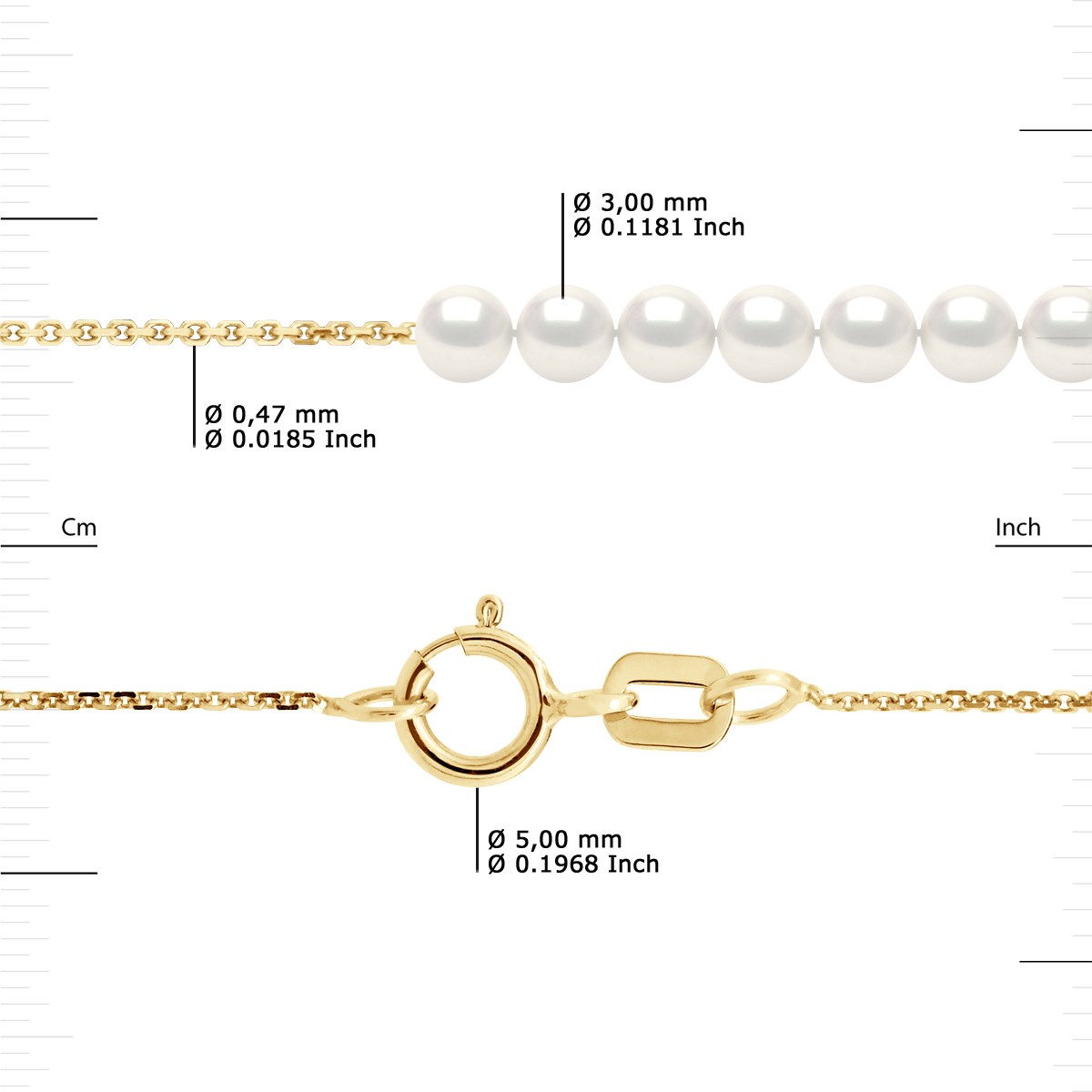 Bracelet TRINITE 7 Perles d'Eau Douce Rondes 3-4 mm Blanches Naturelles Chaîne Forçat Or Jaune