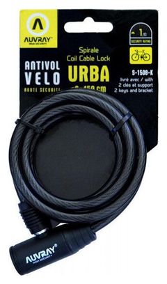 AUVRAY - Antivol Vélo Spirale ø8mm - Longueur 150 cm Avec Support - Acier Tressé - Fiable et Résistant