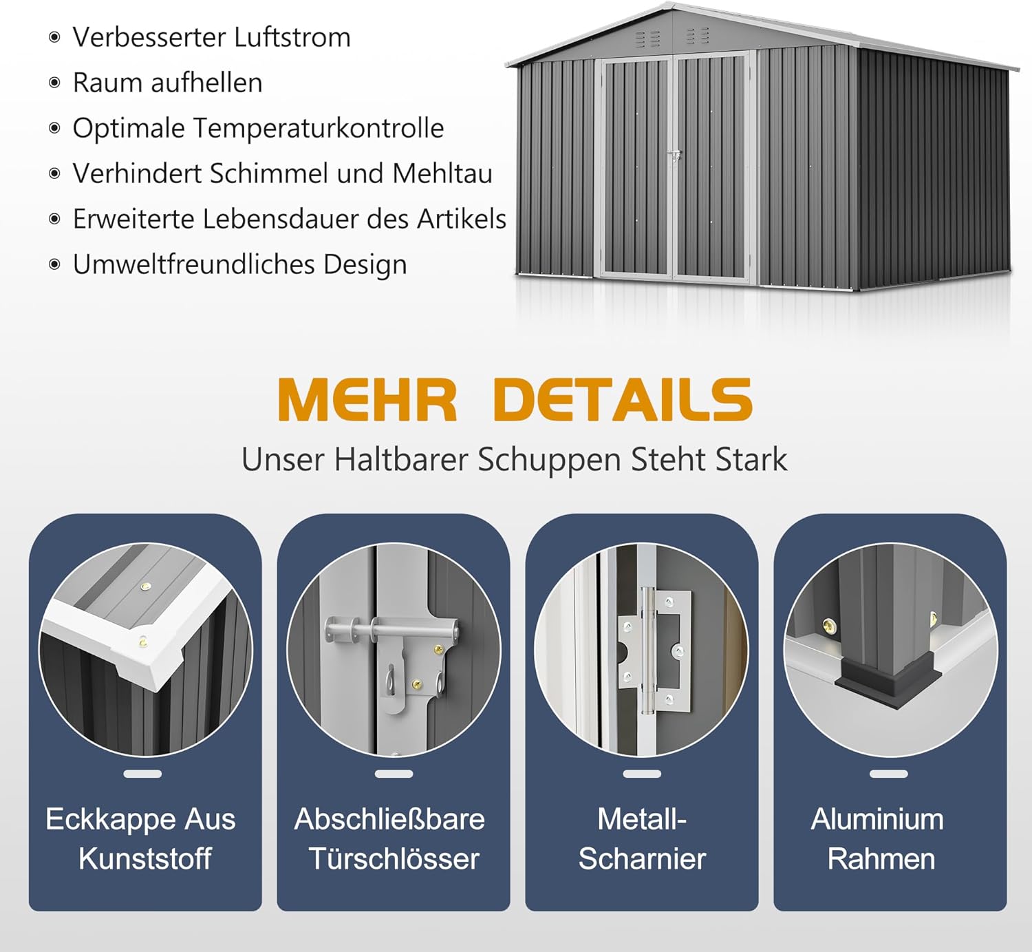 Gartenhaus Metall Geräteschuppen 300x252x191 cm mit Klapptür, Gerätehaus Gartenschuppen mit Satteldach und Stauraum, Gartenhütte Fahrradschuppen für Gartengeräte, Grau