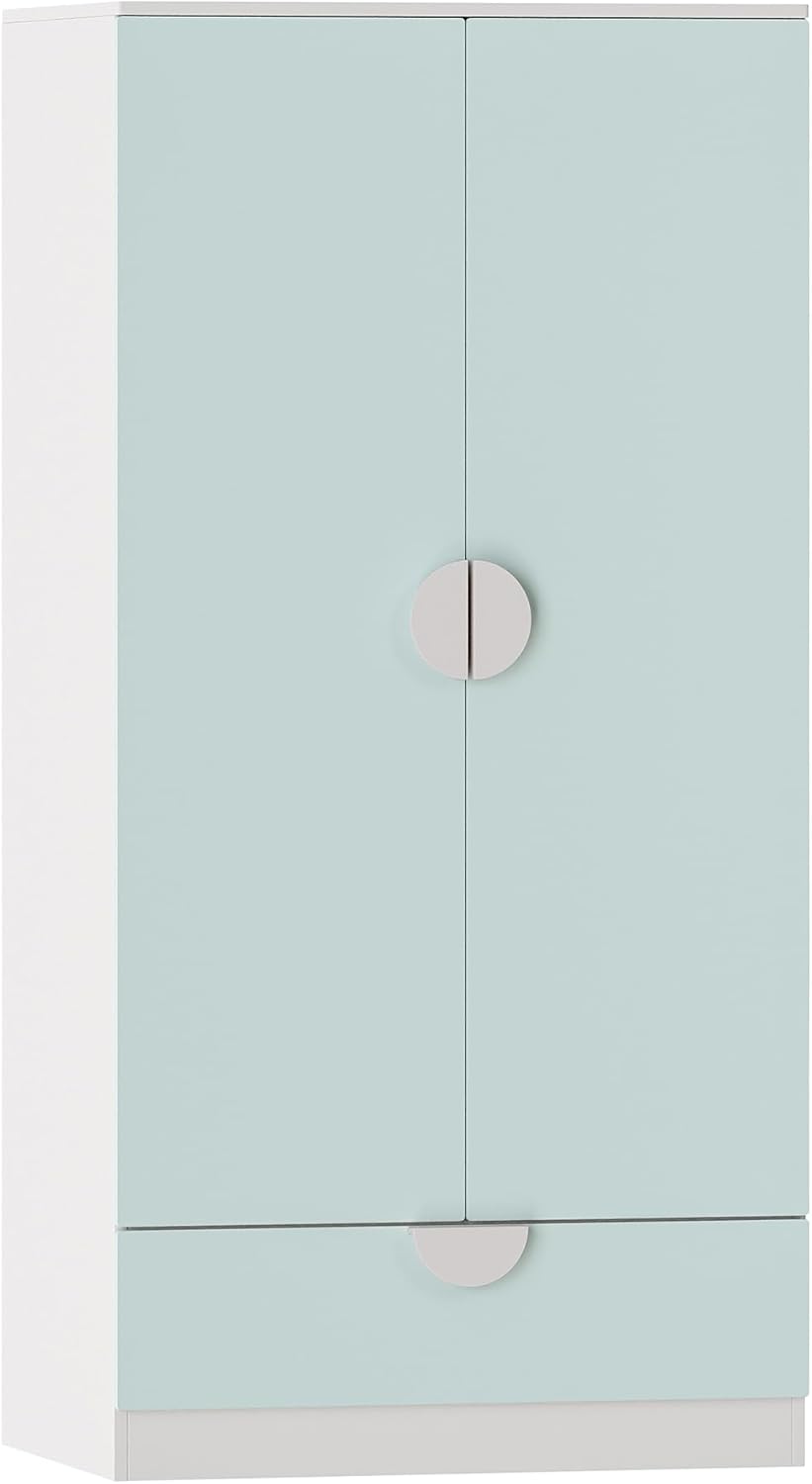 [en.casa] Kinderkleiderschrank Sandnes Garderobenschrank mit 2 Türen und 1 Schublade Kleiderstange Kinderzimmer 123 x 60 x 40 cm Mintgrün/Weiß