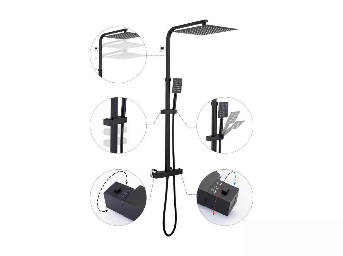 AURALUM MAX Colonne de Douche Thermostatique Noir Ensemble de Douche avec Douche de Tête Supérieur Ultra-mince Hauteur Réglable pour Salle de Bain