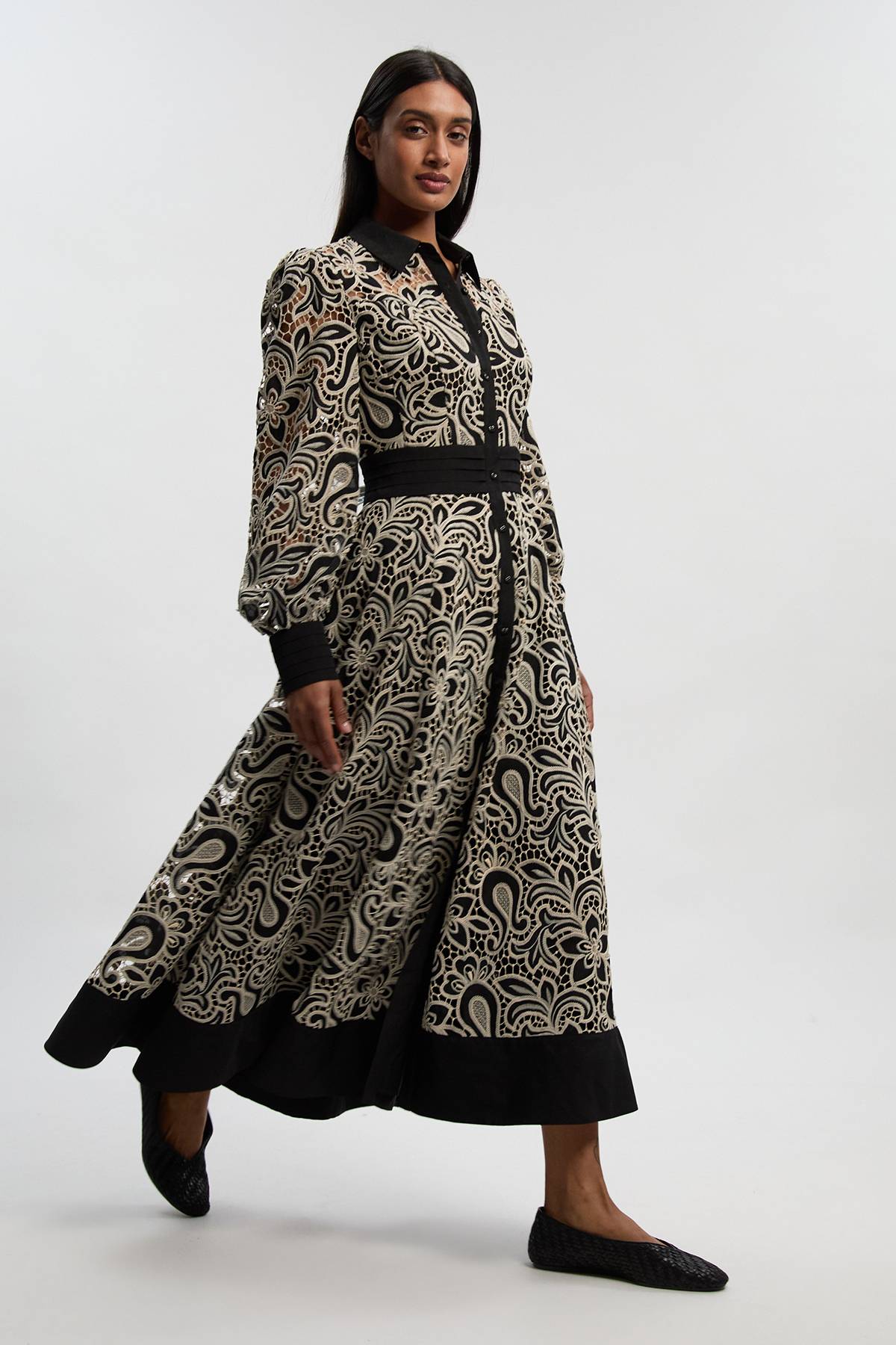 KarenMillen Robe Chemise Maxi Tissée Mono à Découpes Ajourées