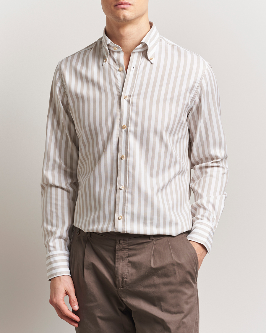 Stenströms Fitted Body Wide Stripe Oxford Shirt Beige