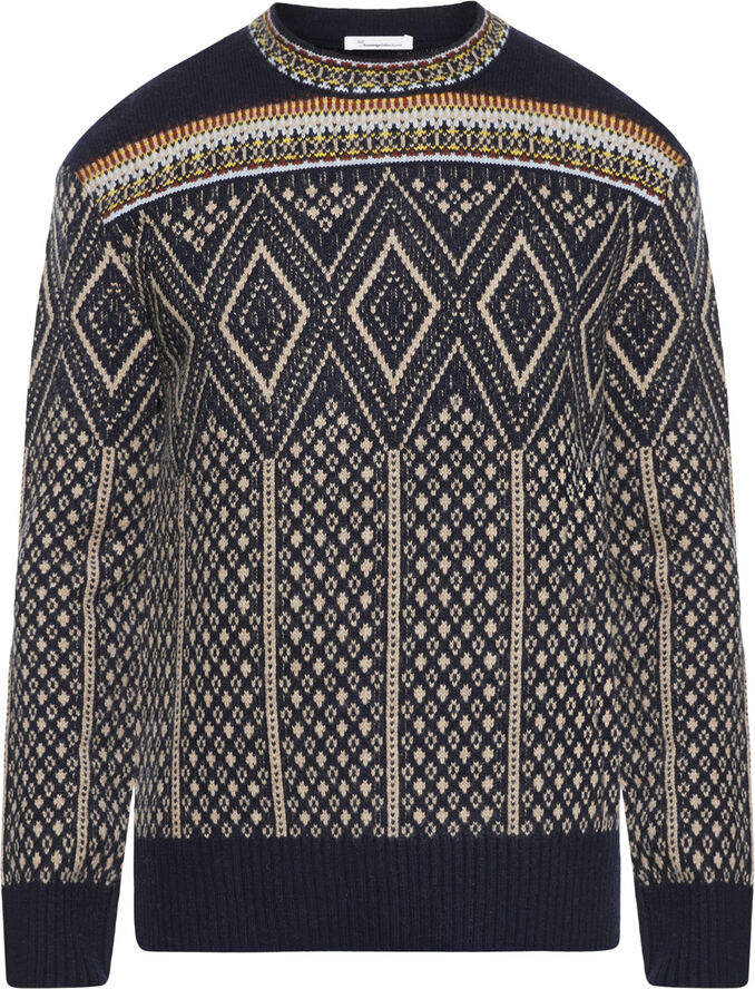 Knowledge Cotton Apparel Fair Isle crew neck lambswool knit - RWS Blue