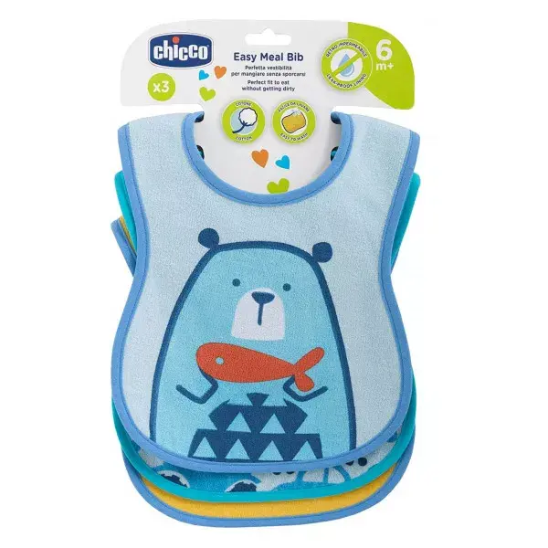 Babador Chicco Decorado para Refeição +6m Azul - Pacote com 3
