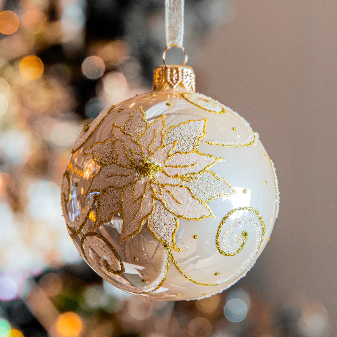 Lot de 6 boules de Noël en verre (D80 mm) Poinsettia Perle