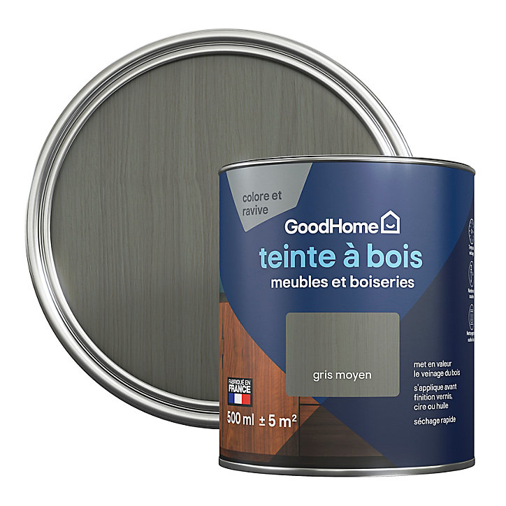 Teinte à bois meubles et boiseries GoodHome gris moyen 500ml