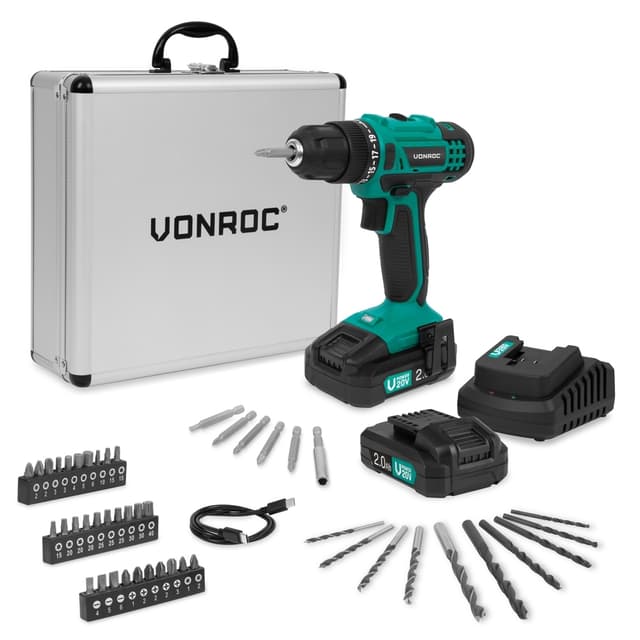 VONROC Bore- / skruemaskine 20V | Inkl. 2x 2.0Ah Akku, Oplader og 46 Tilbehør i Premium Kuffert