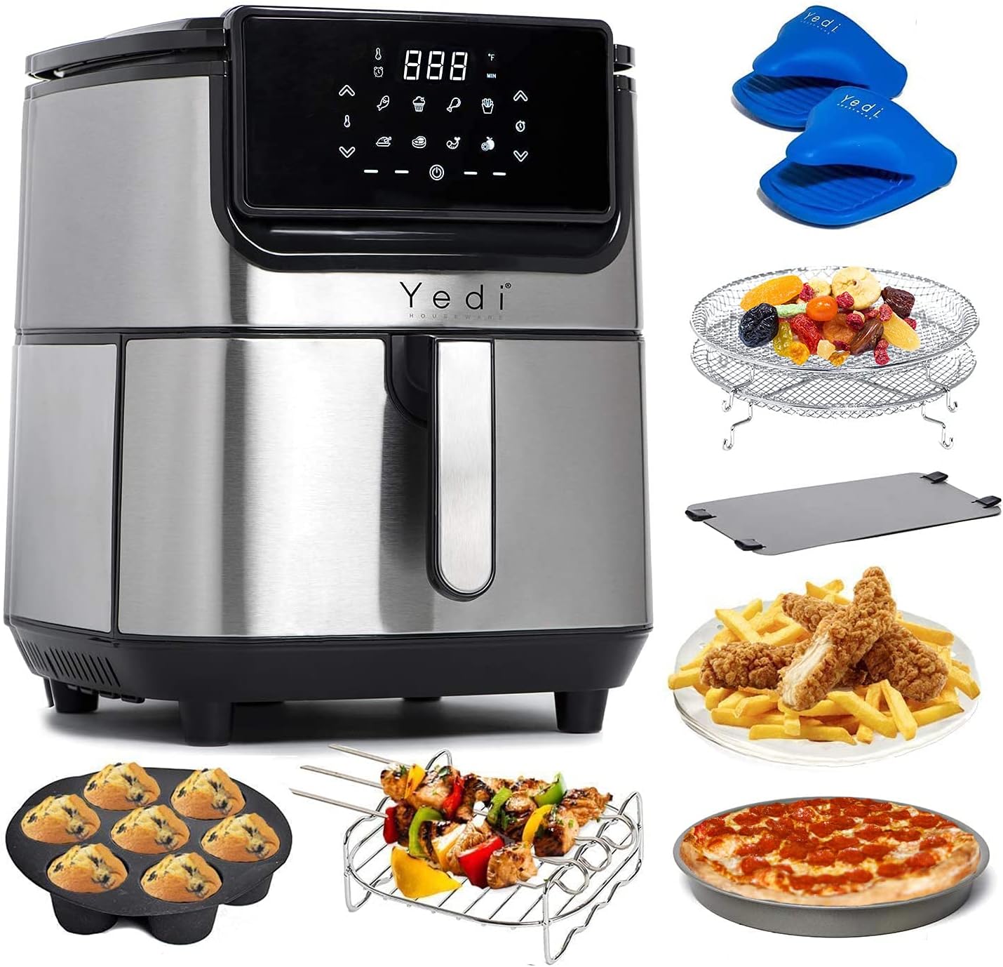 Yedi Evolution Friteuse à air en acier inoxydable, avec panier de cuisson en céramique, kit d'accessoires de luxe et livre de recettes (français non garanti), 6,4 L