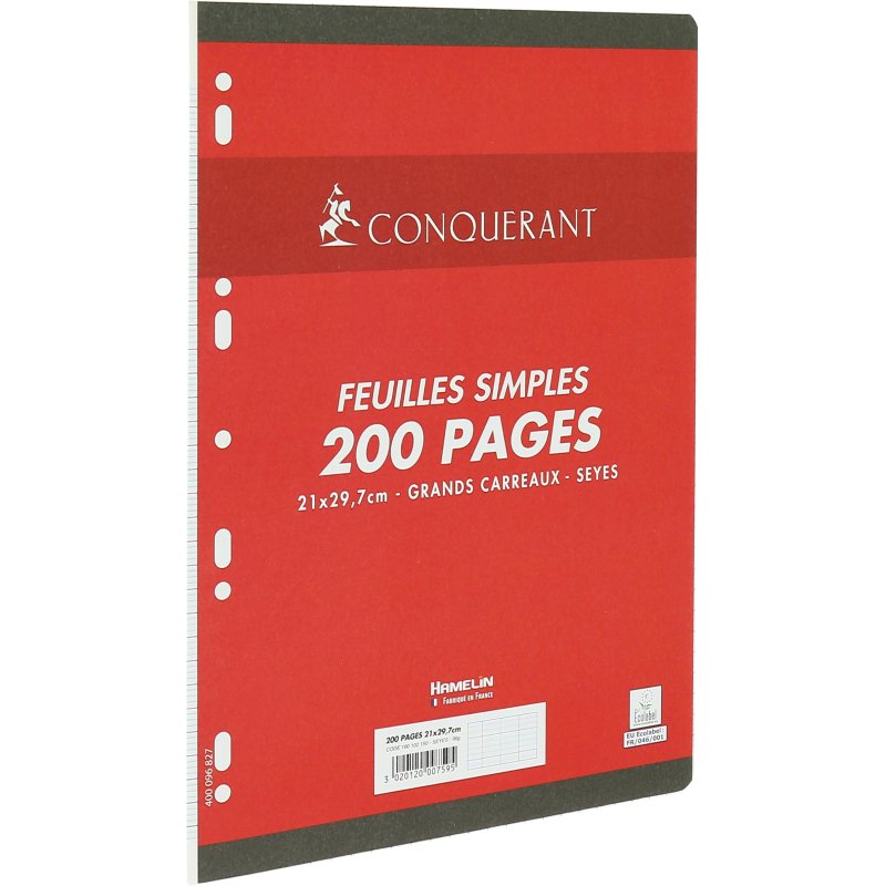 Feuillets mobiles de 200 pages seyès format A4 21 x 29,7 cm. Sous sachet, papier blanc