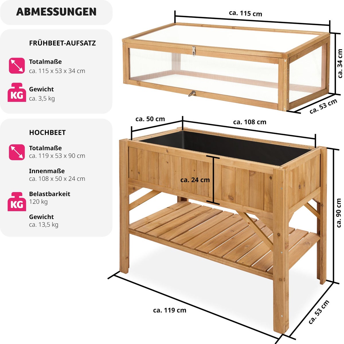 tectake houten verhoogde tuinbak met plank en kweekbakbevestiging, 119 x 53 x 124 cm