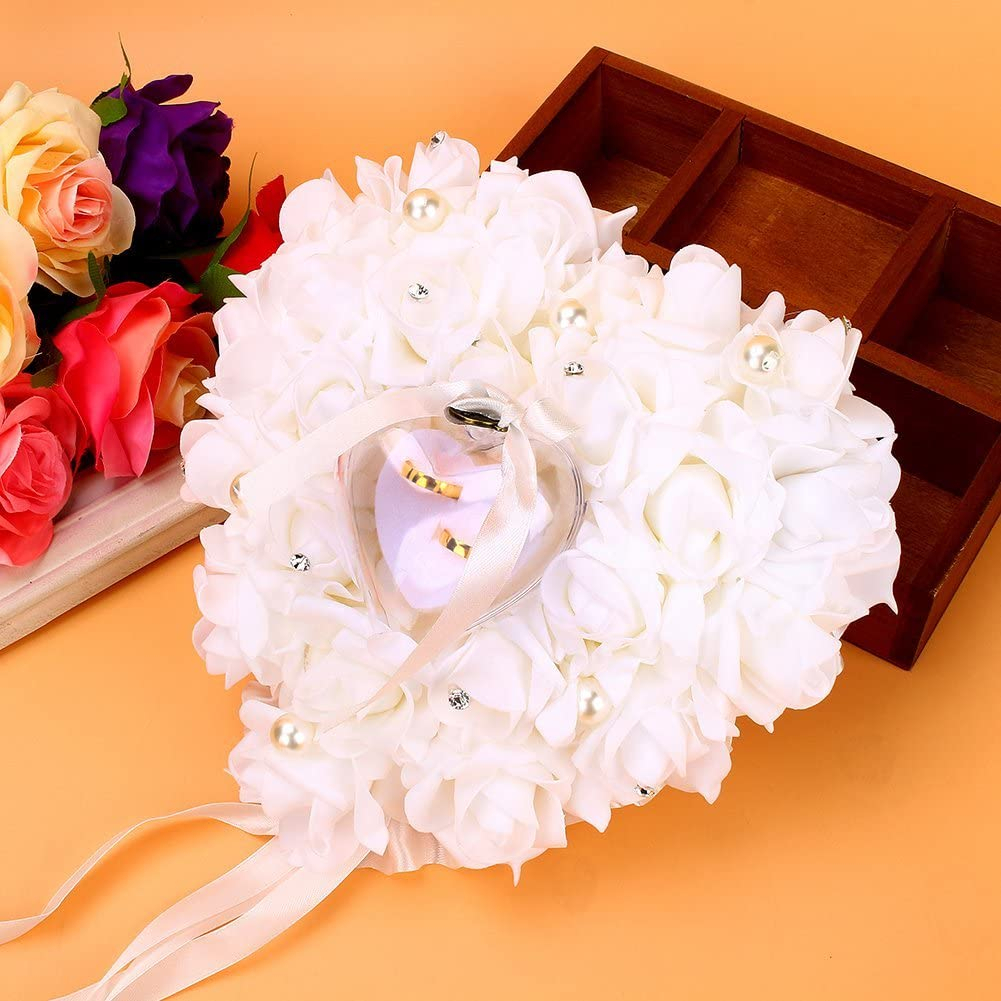 (18x18cm) Rosen Herz Ringschatulle Schmuck Organizer Box für Hochzeits Ringe - Weiss